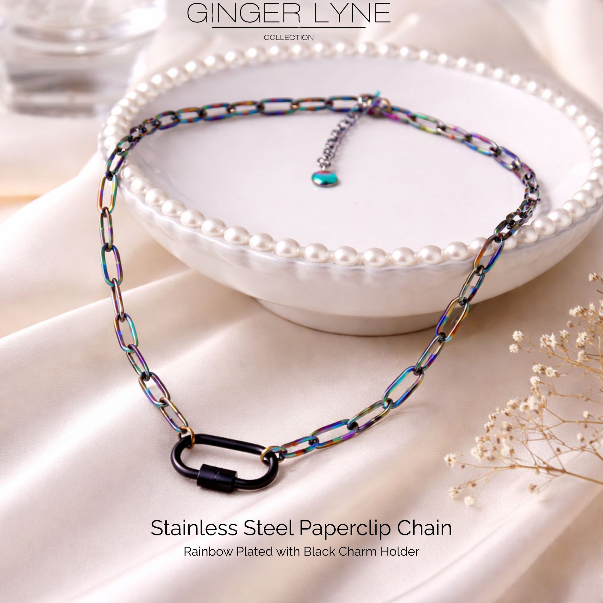 Carabiner Charm Holder Necklace for Women by Ginger Lyne Paperclip Chain Rainbow Stainless Steel 18-20" - Rainbow-PaperclipChain/BlkRect Sq CH