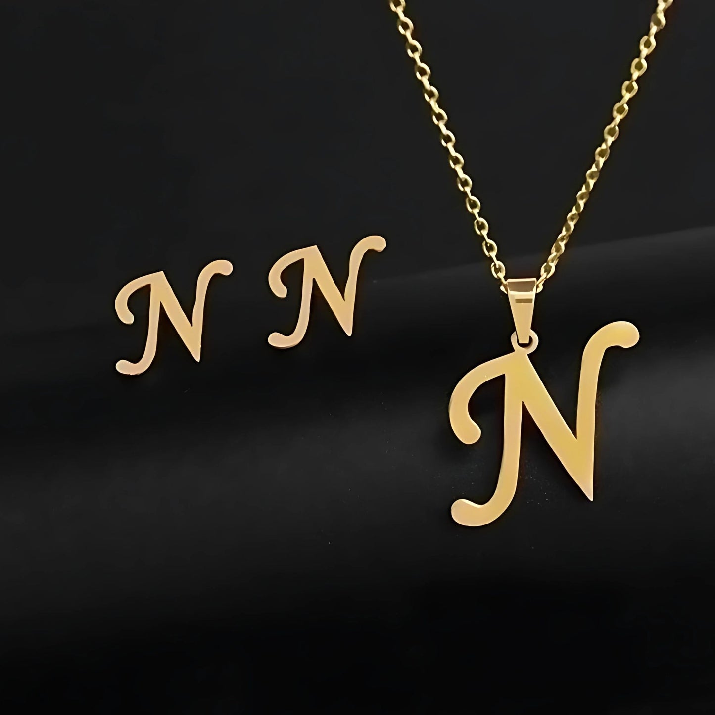 Initial Letter Pendant Necklace Earrings Set for Women Gold Plated Stainless Steel by Ginger Lyne - N