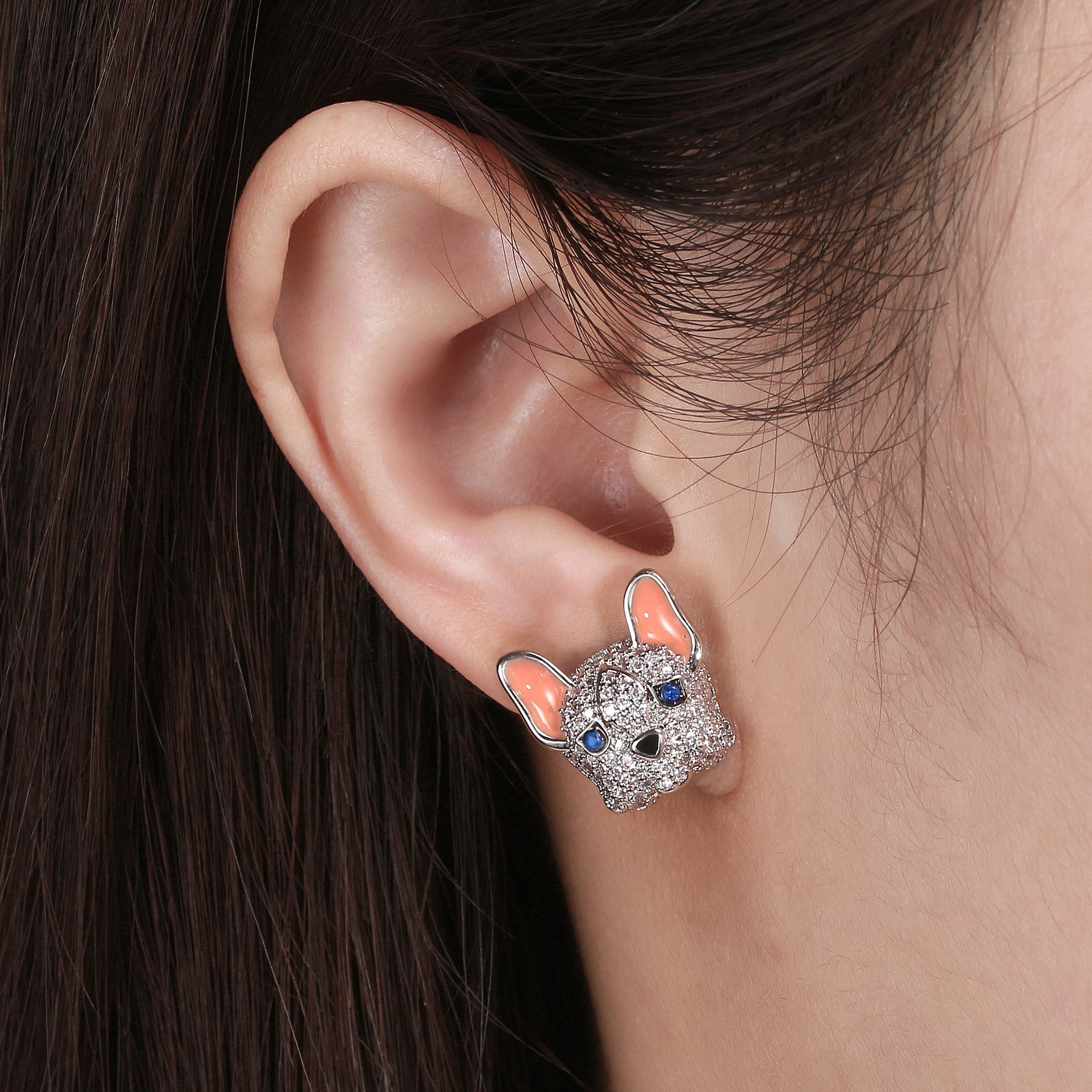 Frenchie Dog Stud Earrings for Women French Bulldog  Cubic Zirconia Ginger Lyne Collection - Frenchie-White