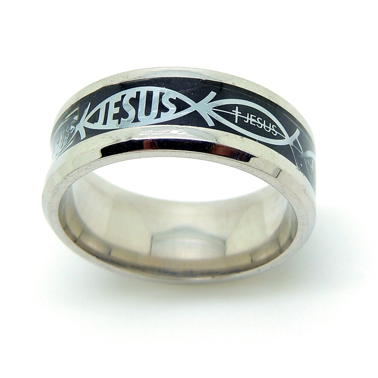 JesusFishWeddingBandforMenorWomen8mmStainlessSteelRingbyGingerLyneCollection_Black-2