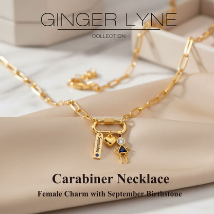 Carabiner Family Birthstone Necklace for Mom or Grandma by Ginger Lyne Stainless Steel CZ Birthday Charms_Female-September-Gold-2