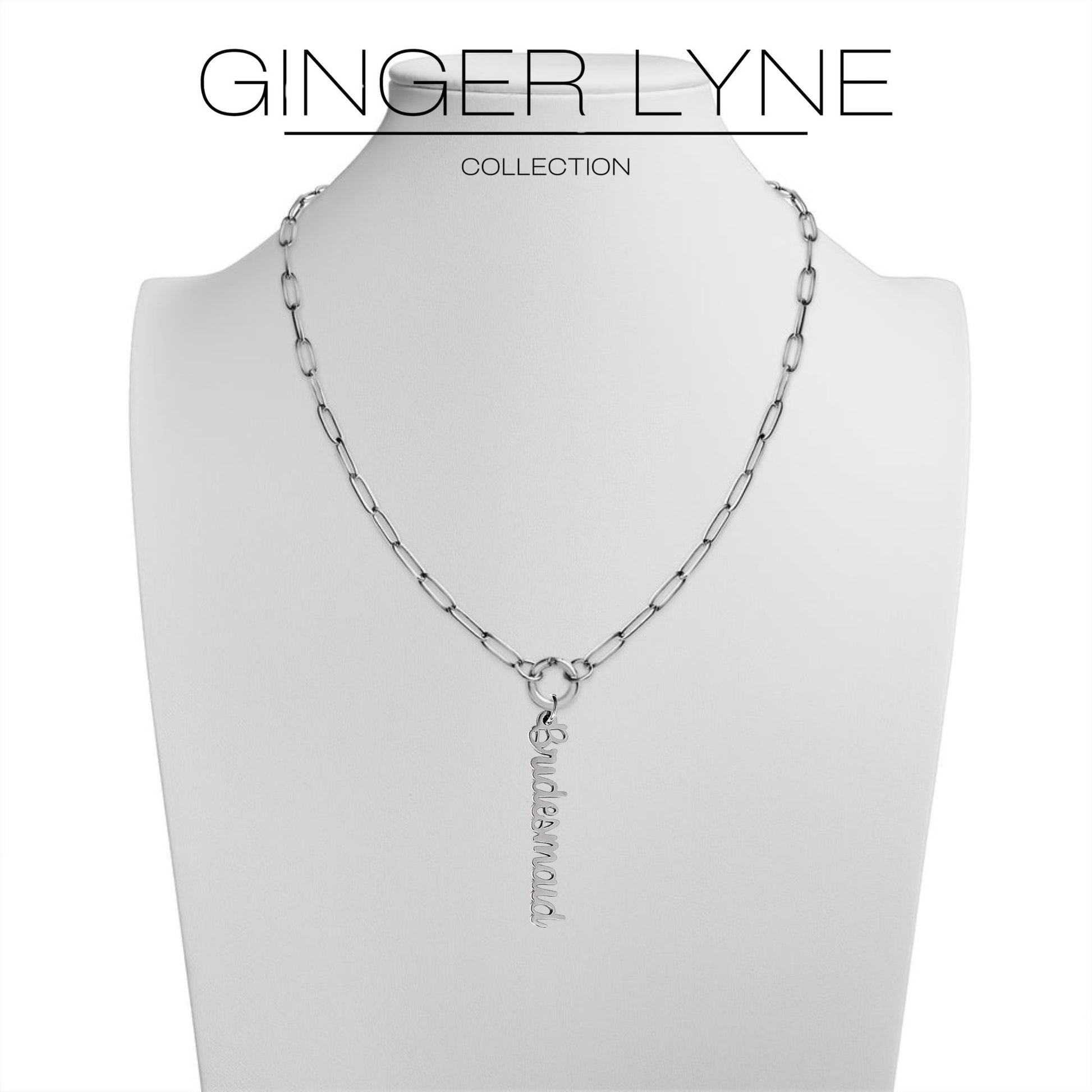 Paperclip Link Carabiner Chain Charm Holder Necklace With Bridesmaid Charm for Women Stainless Steel 18-20" Ginger Lyne - Silver Tone