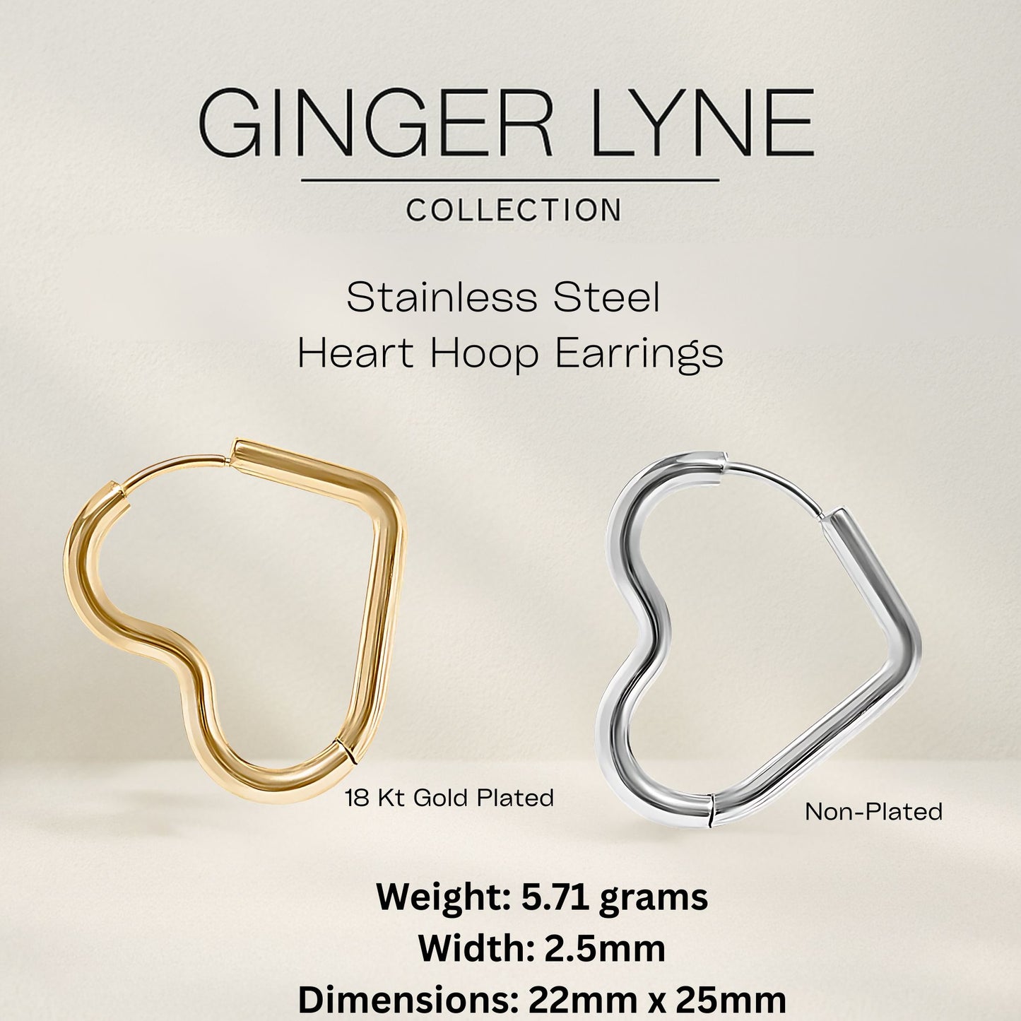 Heart Hoop Earrings for Women by Ginger Lyne Gold Stainless Steel Lightweight Classic Everyday Style - Gold