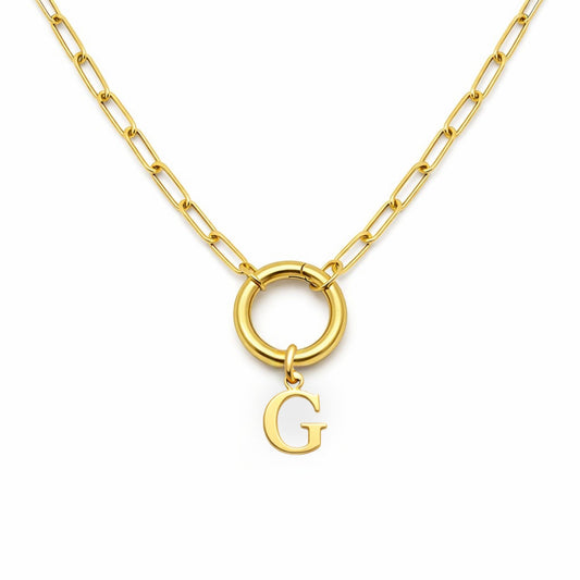 PaperclipLinkCircleCarabinerIntialLetterCharmHolderNecklaceforWomenStainlessSteel20"GingerLyne_Gold-1