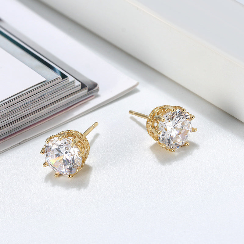 Crown Stud Earrings 8mm Round Cz Sterling Silver Womens by Ginger Lyne Collection - Yellow Gold