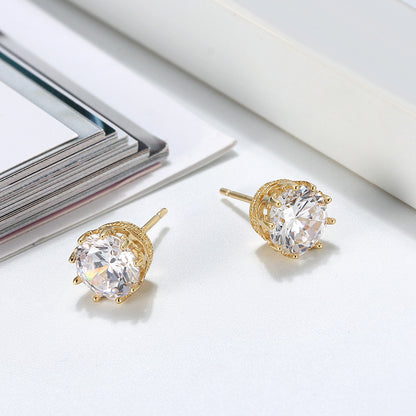 Crown Stud Earrings 8mm Round Cz Sterling Silver Womens by Ginger Lyne Collection - Yellow Gold