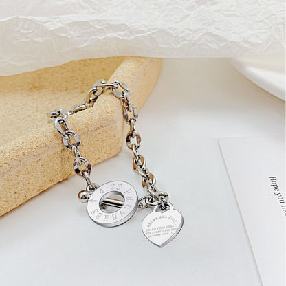 Toggle Clasp Link Bracelet for Women Heart Charm Stainless Steel 7" Fits 6" Wrist Ginger Lyne - Silver