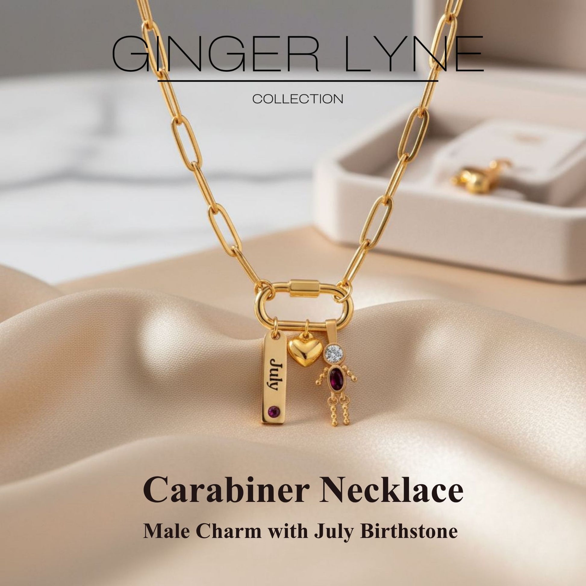 Carabiner Family Birthstone Necklace for Mom or Grandma by Ginger Lyne Stainless Steel CZ Birthday Charms_Male-July-Gold-2