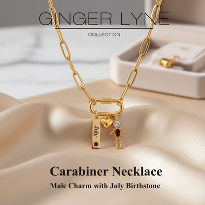 Carabiner Family Birthstone Necklace for Mom or Grandma by Ginger Lyne Stainless Steel CZ Birthday Charms_Male-July-Gold-2