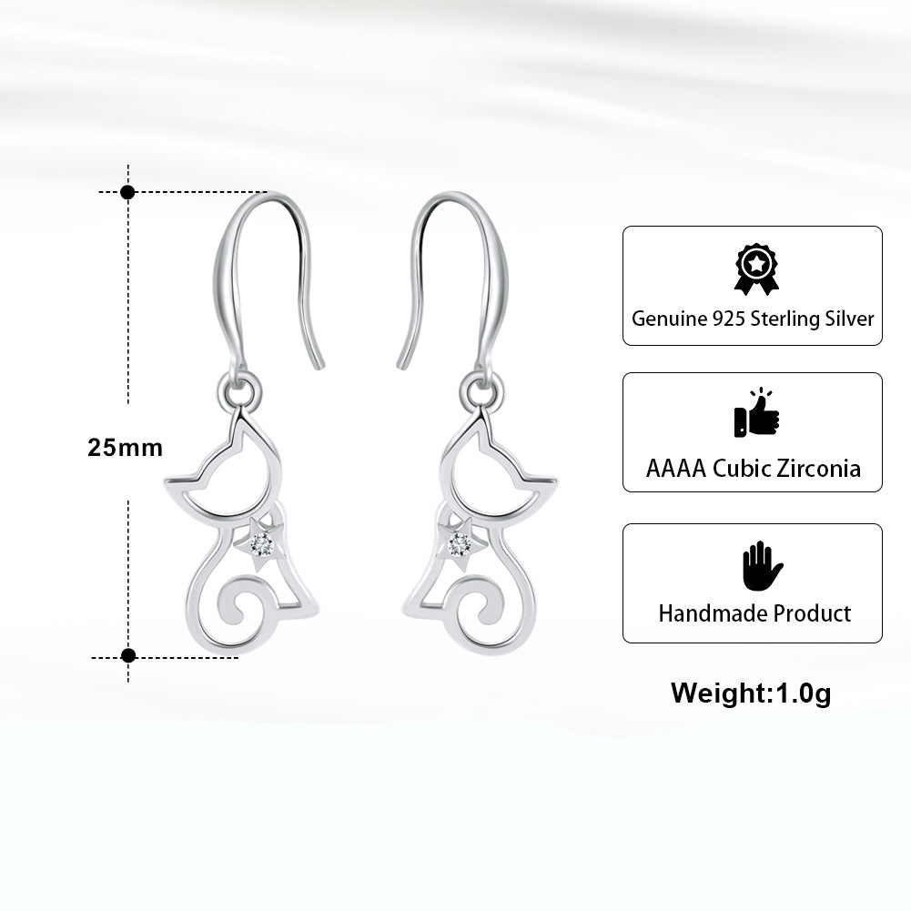 Kitty Cat Hook Dangle Earrings for Women Sterling Silver Ginger Lyne Collection - Silver