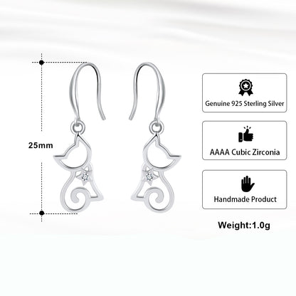 Kitty Cat Hook Dangle Earrings for Women Sterling Silver Ginger Lyne Collection - Silver