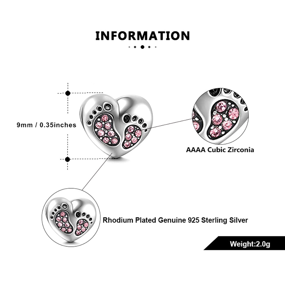 Baby Footprints Heart Charm for Women European Bead CZ Sterling Silver Ginger Lyne Collection - Pink