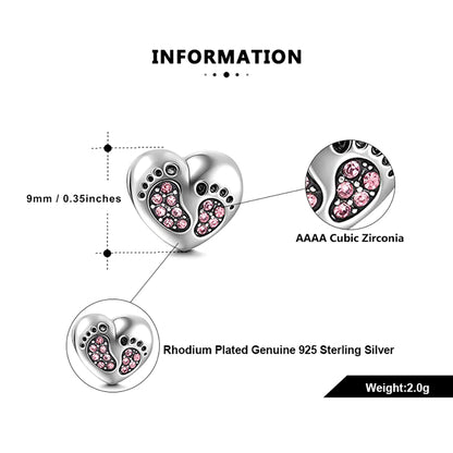 Baby Footprints Heart Charm for Women European Bead CZ Sterling Silver Ginger Lyne Collection - Pink