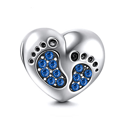 Baby Footprints Heart Charm for Women European Bead CZ Sterling Silver Ginger Lyne Collection - Blue