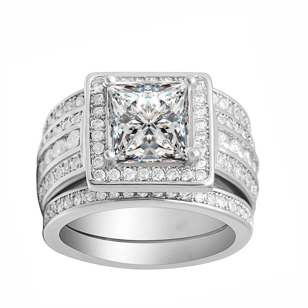 Beverly Halo Bridal Set Cz Engagement Ring Wedding Bands Ginger Lyne Collection - Silver,10