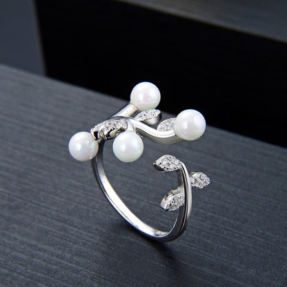 Leaf Simulated Pearl Adjustable Wrap Ring for Women 925 Sterling Silver Ginger Lyne Collection