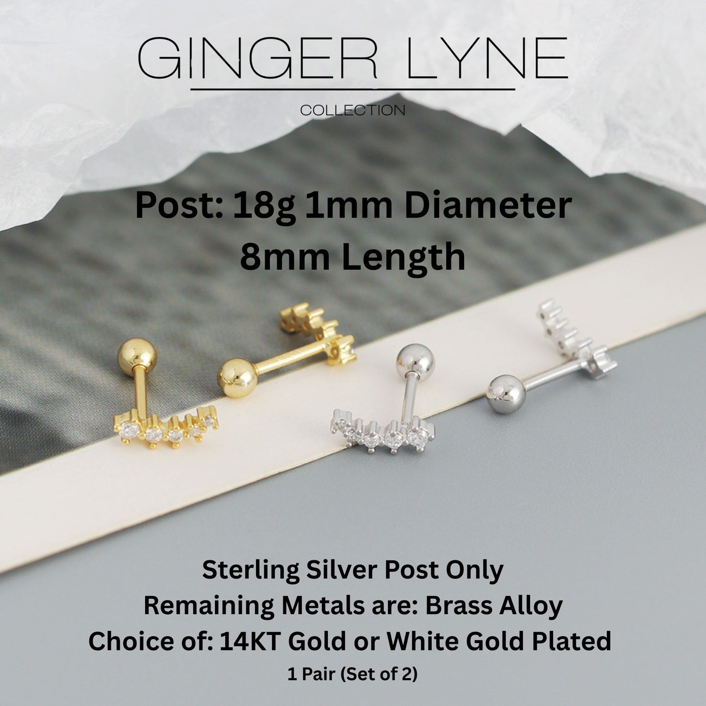 Graduated CZ Crawler Earrings for Women Sterling Silver 18G 8mm Cartilage Helix Upper Lobe Body Piercing Ginger Lyne - Silver