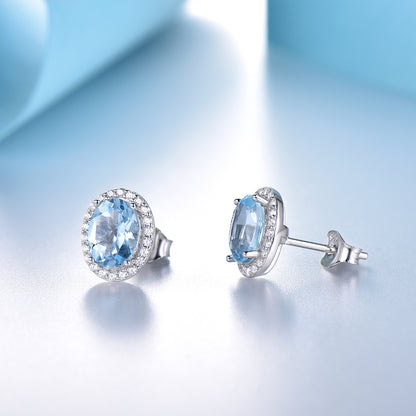 Oval Halo Stud Earrings for Women Blue Topaz Sterling Silver Ginger Lyne Collection