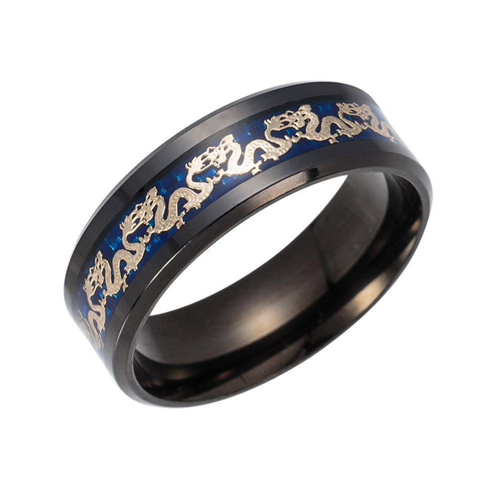 Dragon Wedding Band for Women or Men Black or Blue Stainless Steel Ring by Ginger Lyne Collection