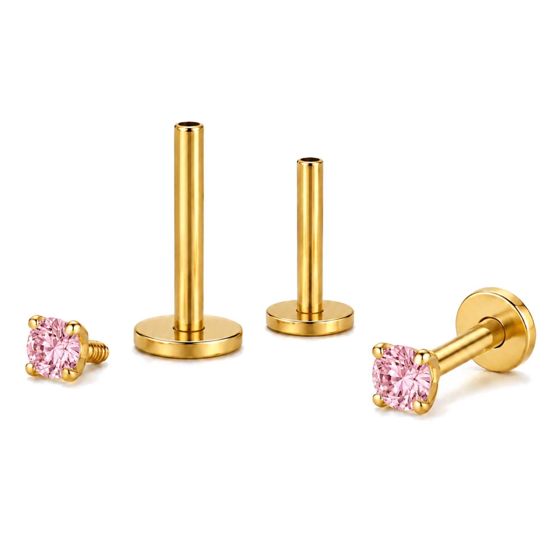 GoldPlatedTitaniumFlatBackEarrings3mmPinkRoundSolitaireCZStudEarringsforWomen,ConchHelixTragusLabretPiercingJewelry6Pc_Pink-1
