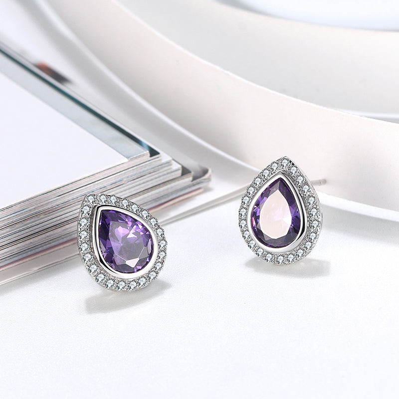 Halo Teardrop Stud Earrings for Women Sterling Silver Purple Cz Ginger Lyne Collection