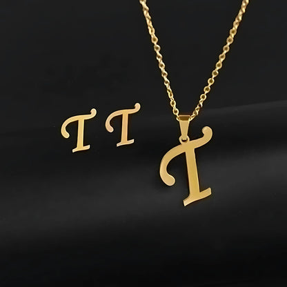Initial Letter Pendant Necklace Earrings Set for Women Gold Plated Stainless Steel by Ginger Lyne - T