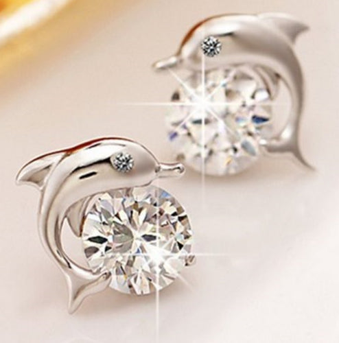 Dolphin Small Cubic Zirconia Stud Earrings for Women Ginger Lyne Collection - White Gold Plated