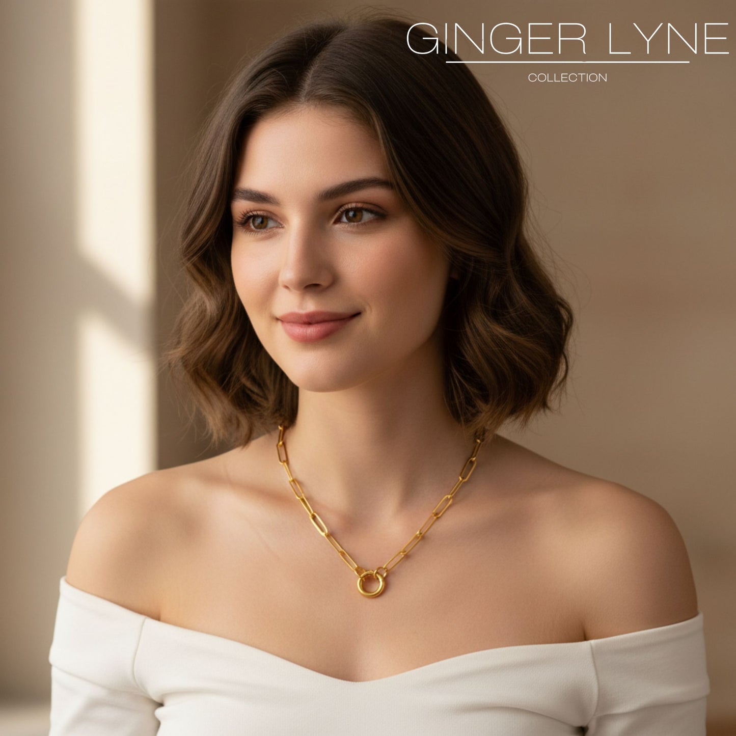 Carabiner Charm Necklace for Women Paperclip Chain Round Carabiner Holder Stainless Steel by Ginger Lyne - 14mm/Gold