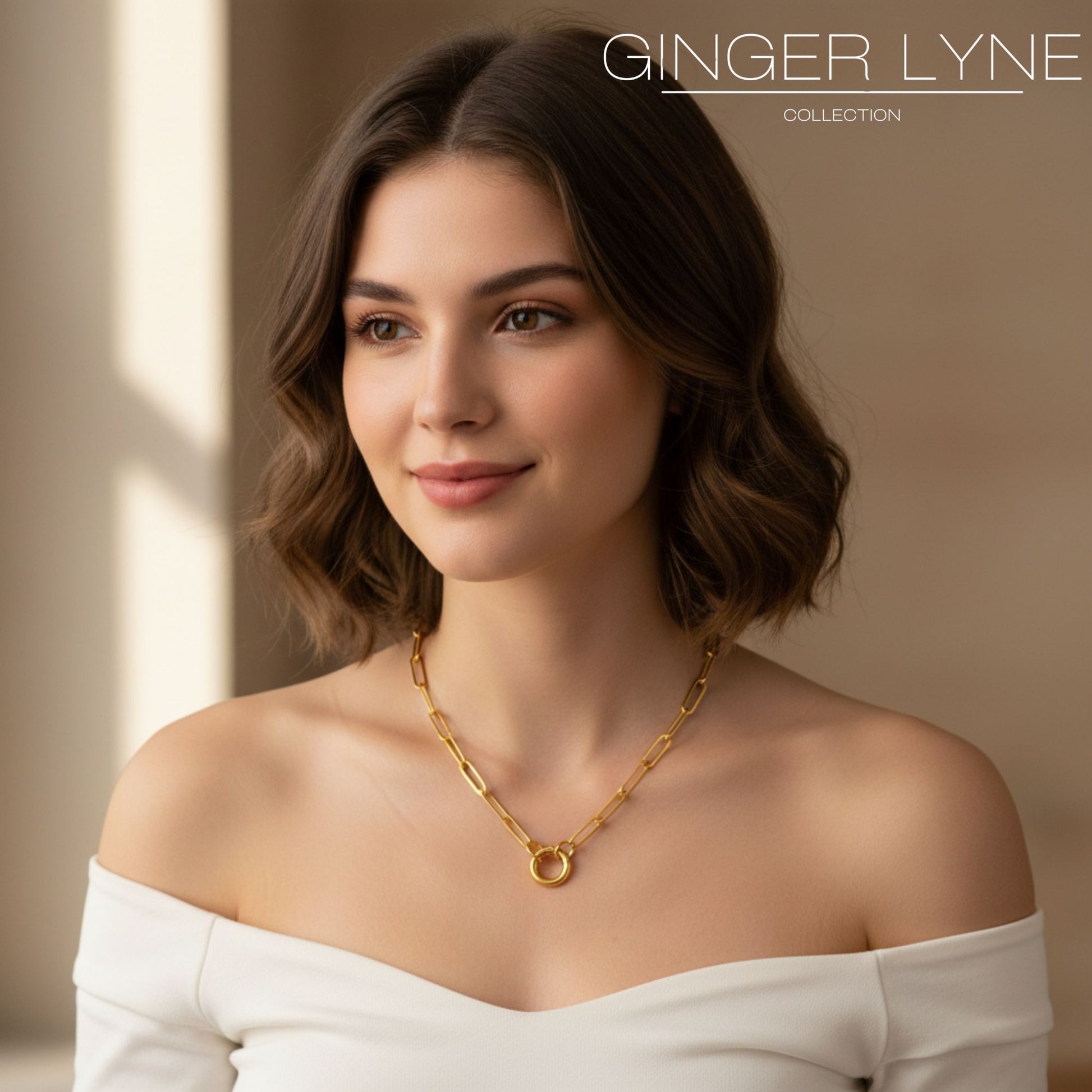 Carabiner Charm Necklace for Women Paperclip Chain Round Carabiner Holder Stainless Steel by Ginger Lyne - 14mm/Gold