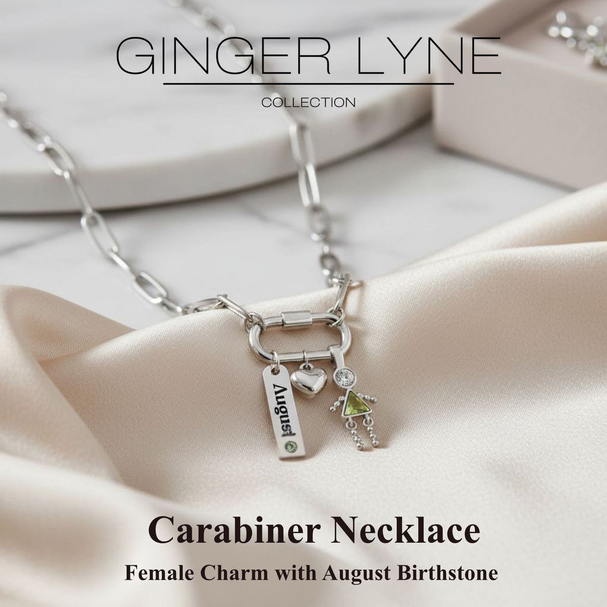 Carabiner Family Birthstone Necklace for Mom or Grandma by Ginger Lyne Stainless Steel CZ Birthday Charms_Female-August-Silver-2
