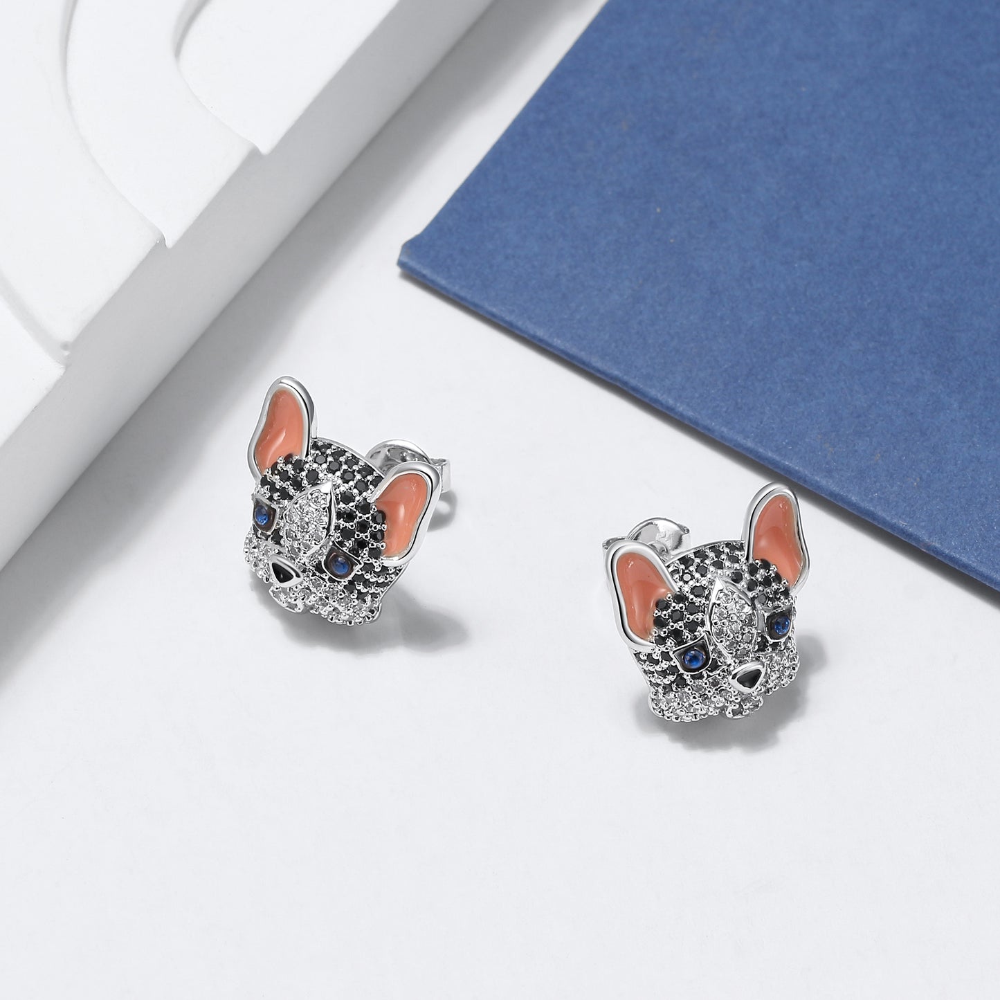 Frenchie Stud Earrings French Bulldog White Dog Cubic Zirconia Girls Ginger Lyne Collection