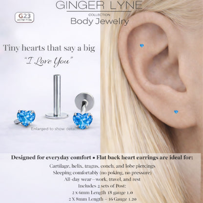 Small Heart CZ Solitaire Flat Back Stud Earrings Titanium Body Piercings by Ginger Lyne 2 Sets Post 6mm 8mm - 3mm-Blue