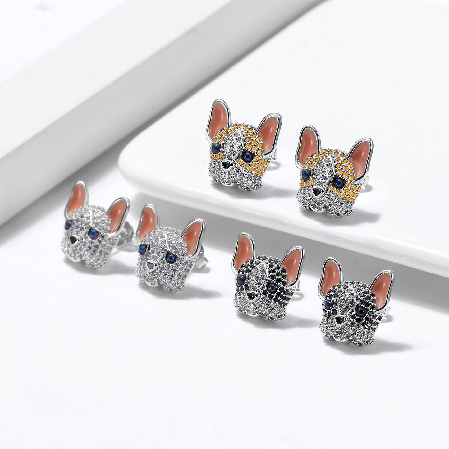 Frenchie Stud Earrings French Bulldog White Dog Cubic Zirconia Girls Ginger Lyne Collection