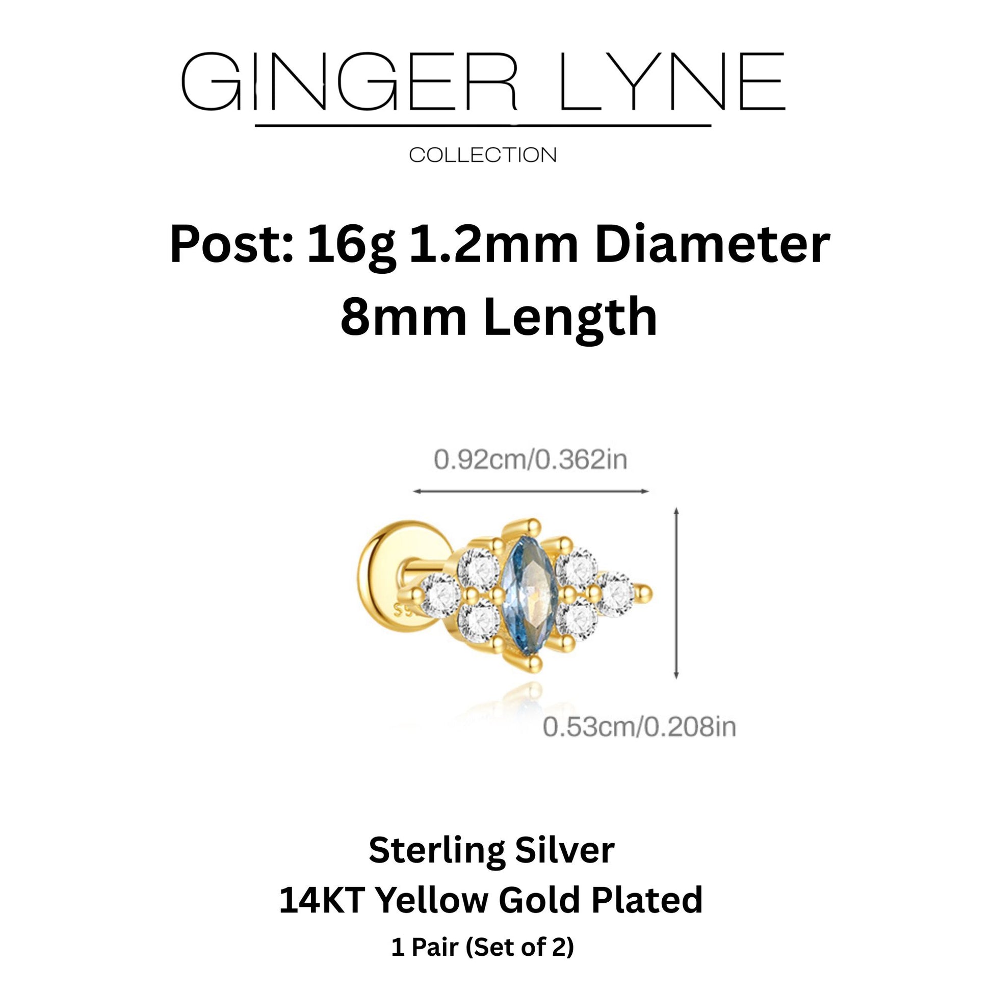 BlueMarquiseCZFlatBackEarringsforCartilageorLobe16gGoldPlatedSterlingSilver1pairbyGingerLyne_Gold-5