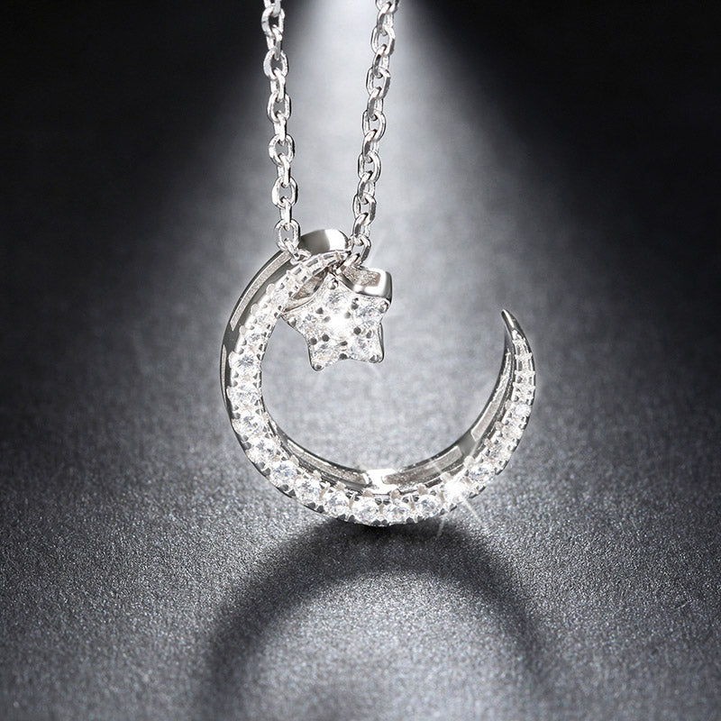 Moon Star Pendant Necklace Women  Sterling Silver Clear Cz Ginger Lyne Collection