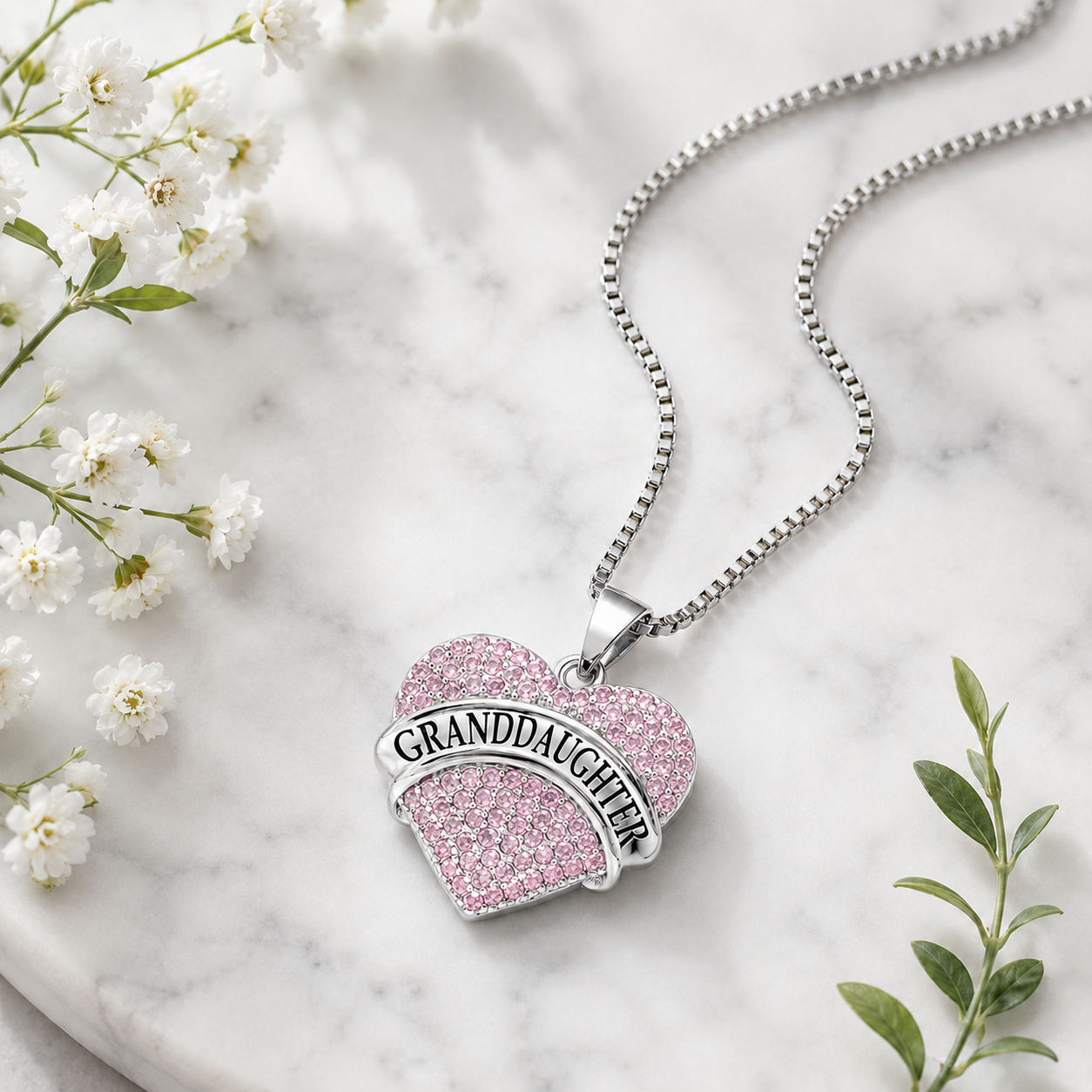 Granddaughter Necklace for Women by Ginger Lyne CZ Heart Pendant White Gold Plated - Pink