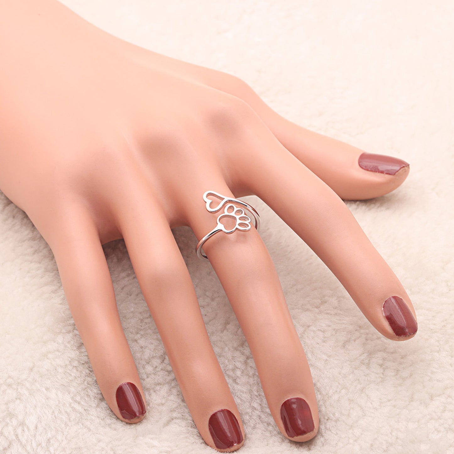 Dog Paw Print Heart Adjustable Ring Rose Gold Plated Sterling Silver Womens Ginger Lyne Collection - Rose