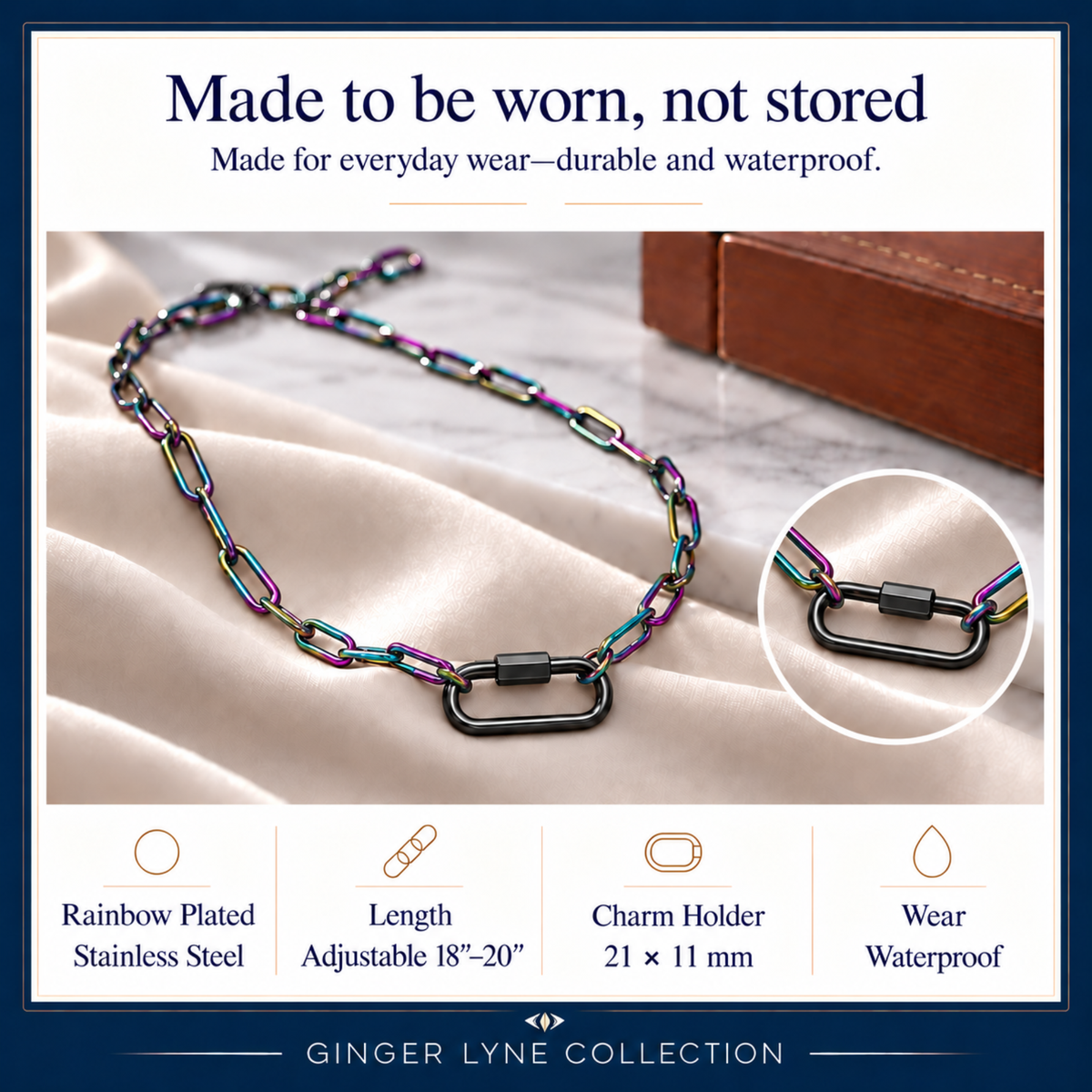 Rainbow Plated Paperclip Chain Carabiner Charm Holder Necklace Black Rectangle Square Screw Clasp 18-20 Inch Stainless Steel by Ginger Lyne - Rainbow-PaperclipChain/BlkRect Sq CH