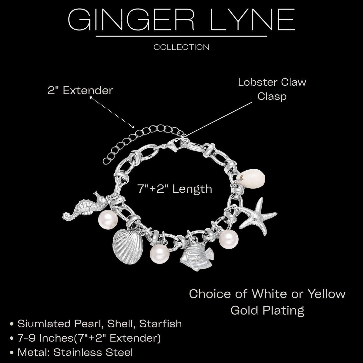 SeashellCharmBraceletforWomenbyGingerLyneGoldPlatedStainlessSteelPearlsStarfishandShells_Silver-6