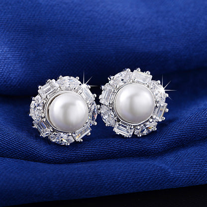 Baguette Cut Stud Earrings for Women Cubic Zirconia Simulated Pearl Ginger Lyne Collection - Silver