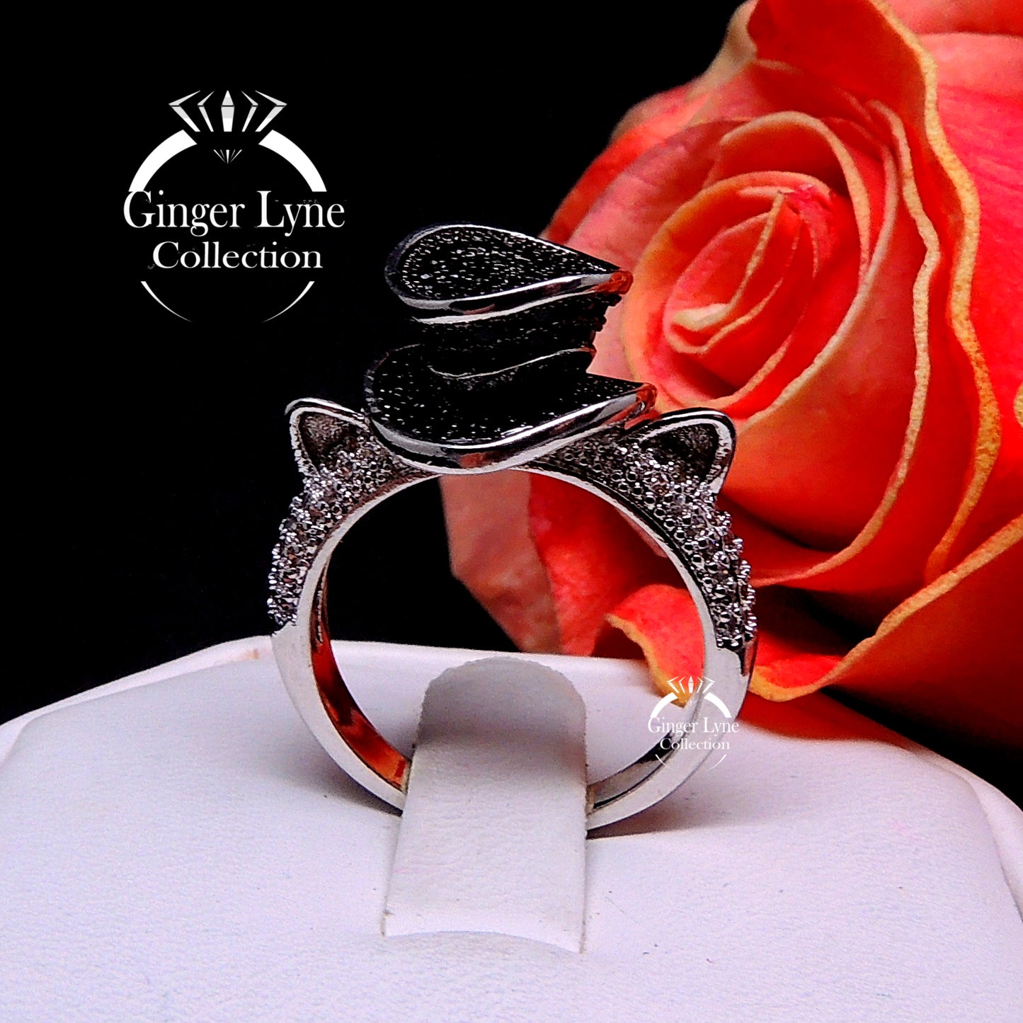 Tophat Cat Statement Ring for Women by Ginger Lyne Black Plated Cz Kitty Ring for Her