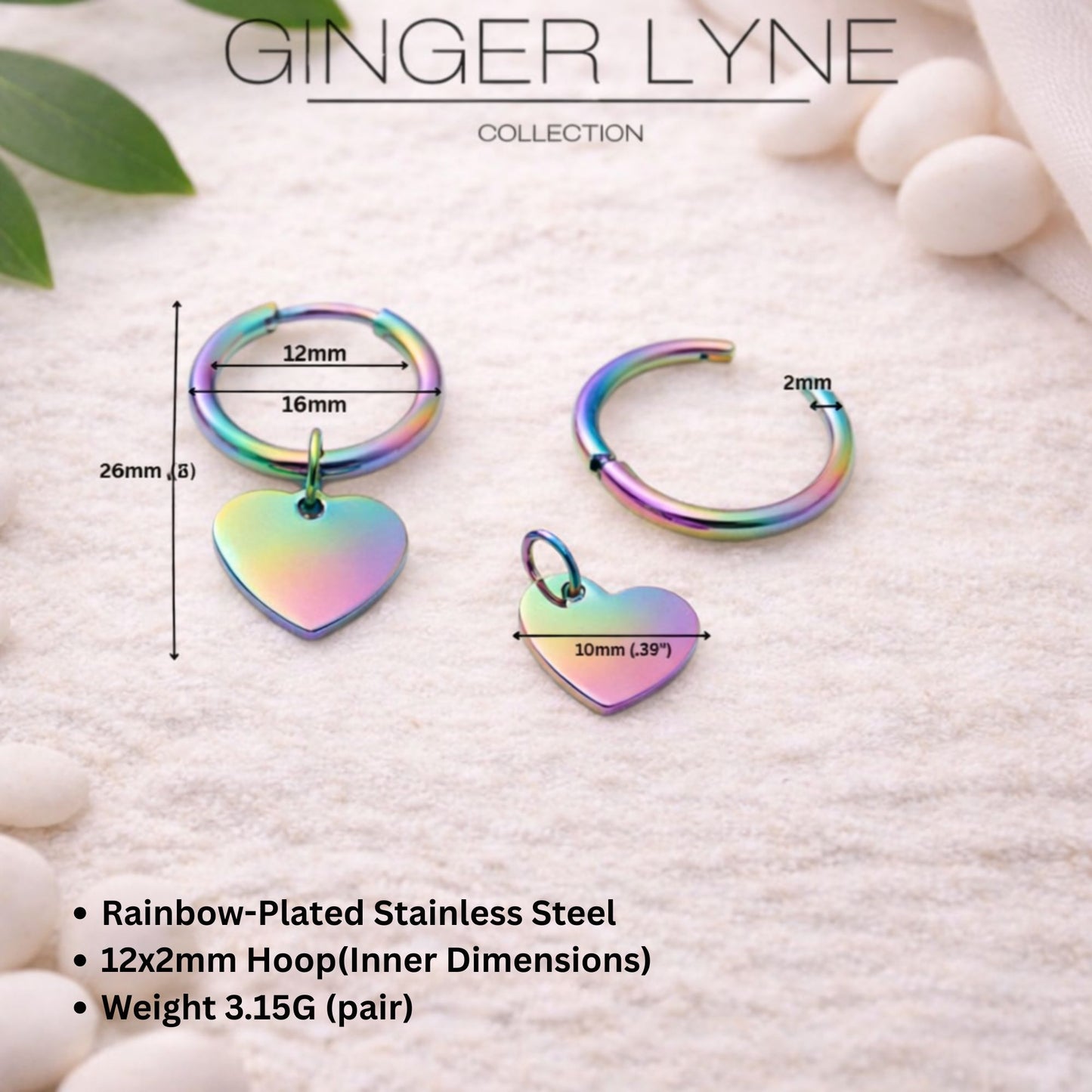 Thin Heart Charm Hoop Earrings by Ginger Lyne Stainless Steel for Lobe Cartilage Piercing Body Jewelry - Rainbow
