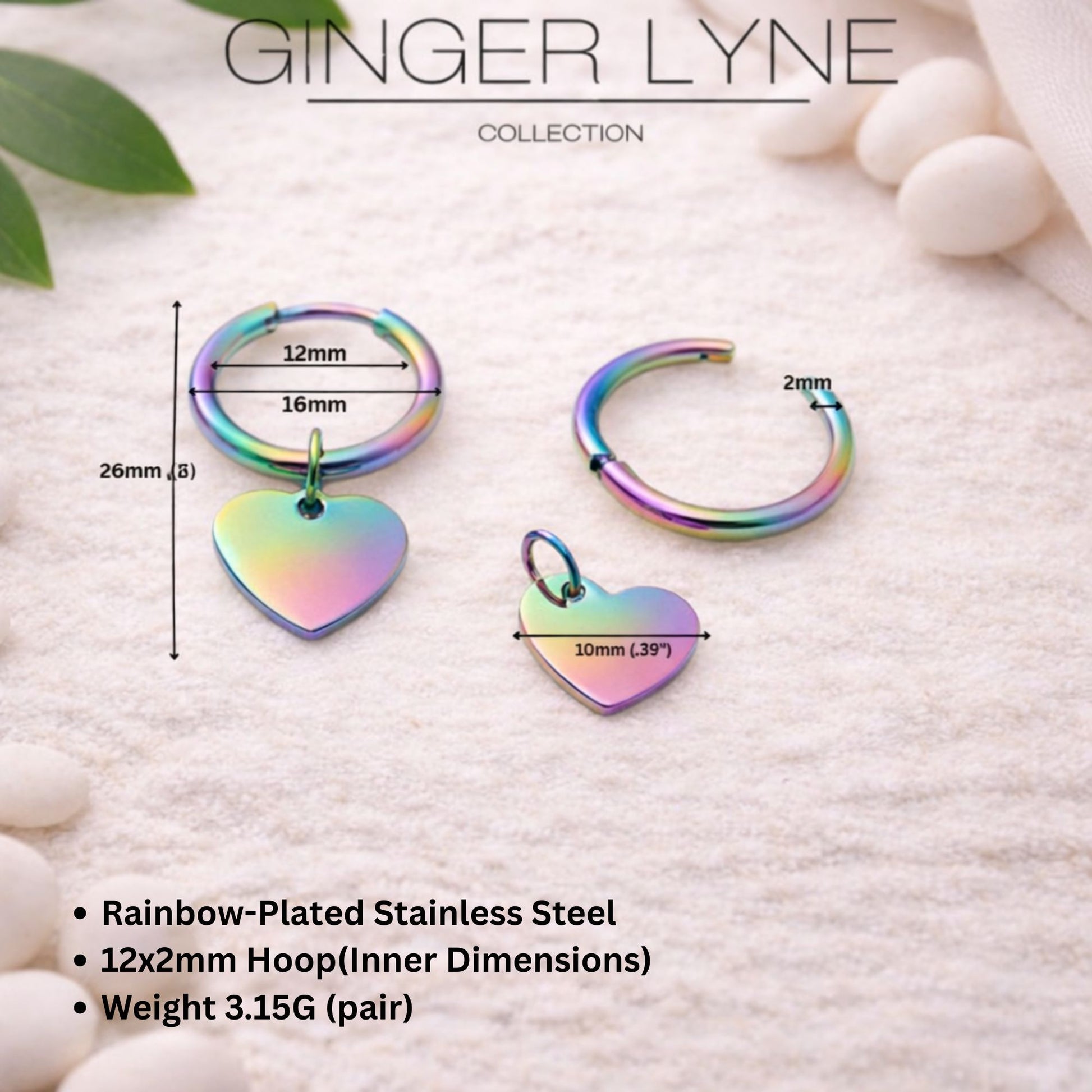 Thin Heart Charm Hoop Earrings by Ginger Lyne Stainless Steel for Lobe Cartilage Piercing Body Jewelry - Rainbow