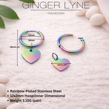 Thin Heart Charm Hoop Earrings by Ginger Lyne Stainless Steel for Lobe Cartilage Piercing Body Jewelry - Rainbow