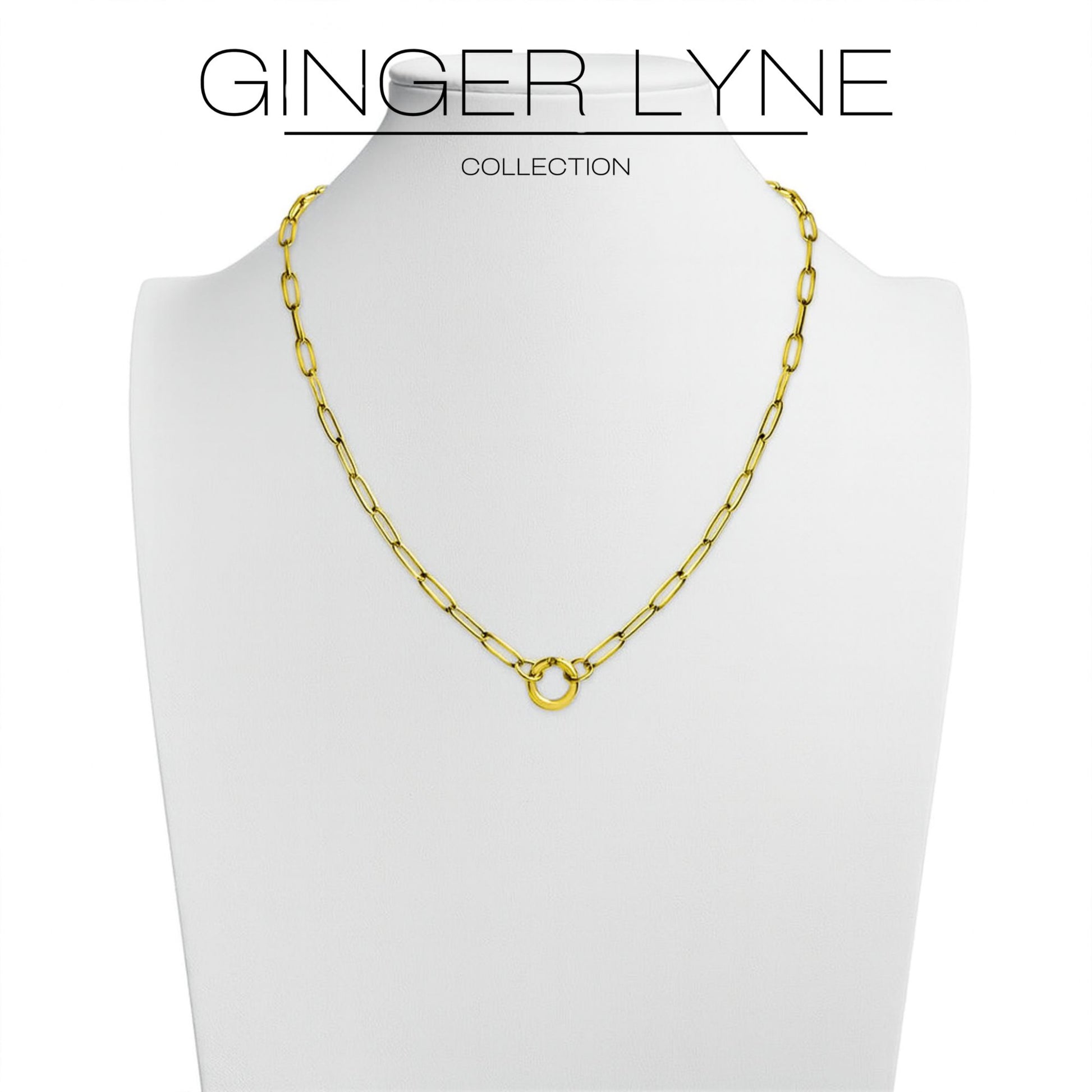 PaperclipLinkCircleCharmHolderNecklaceforWomenStainlessSteel18"-20"GingerLyneCollection_GoldTone-6