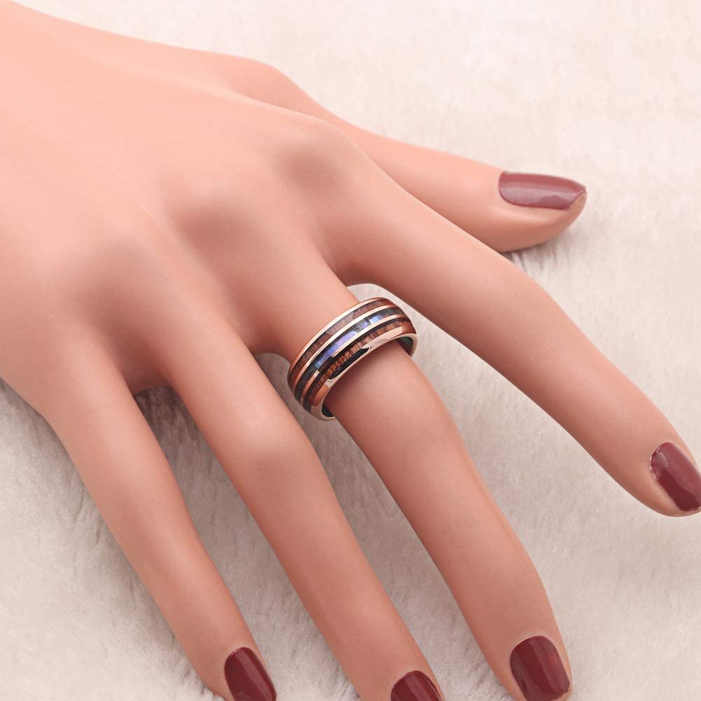 Tungsten Wedding Band Ring 8mm Men Women Koa Wood Abalone Ginger Lyne Collection