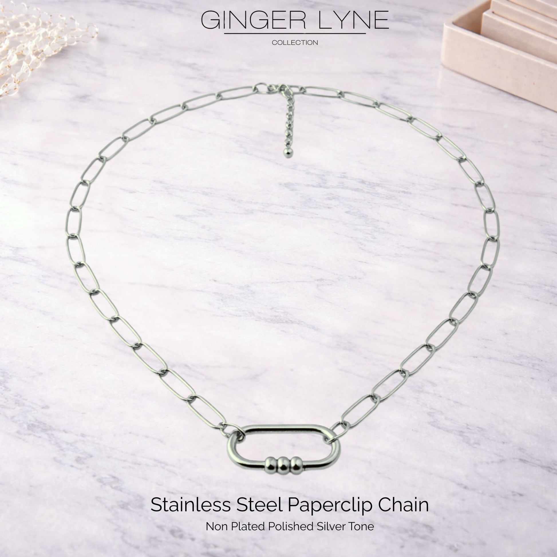 Carabiner Charm Holder Necklace for Women by Ginger Lyne Paperclip Chain Silver Stainless Steel 18-20" - Silver-PaperclipChain/Rect 3 Bead CH