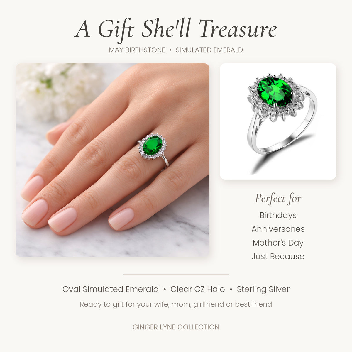 KateMayBirthstoneRingforWomenGreenSimulatedEmeraldHaloSterlingSilverSize5byGingerLyne_Green-5