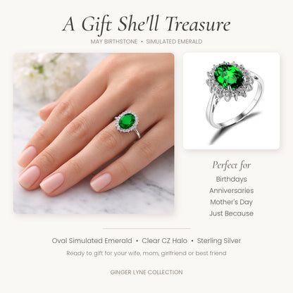 KateMayBirthstoneRingforWomenGreenSimulatedEmeraldHaloSterlingSilverSize5byGingerLyne_Green-5