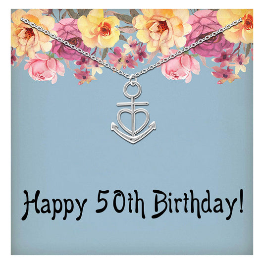 50th Birthday Greeting Card Silver Anchor Heart Necklace Womens Ginger Lyne Collection